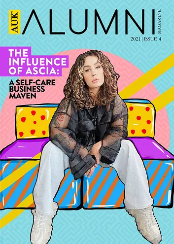 Magazine cover for AUK ALUMN 2021 Issue 4 featuring 'The influence of ascia:A self care business maven.