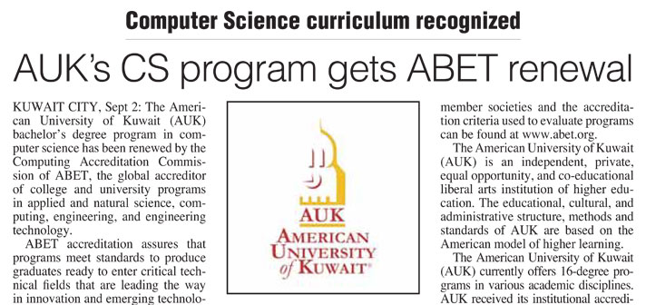 The American University of Kuwait Computer Science Program Renewed by ABET
