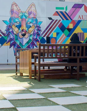 The AUK Wolfpack Department featuring a wolf wall art display.