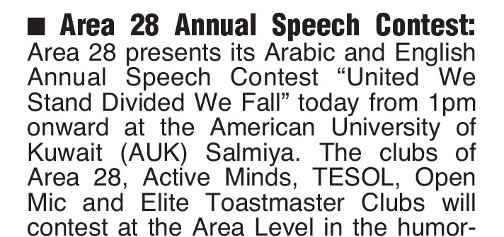 Area 28 Annual Speech Contest
