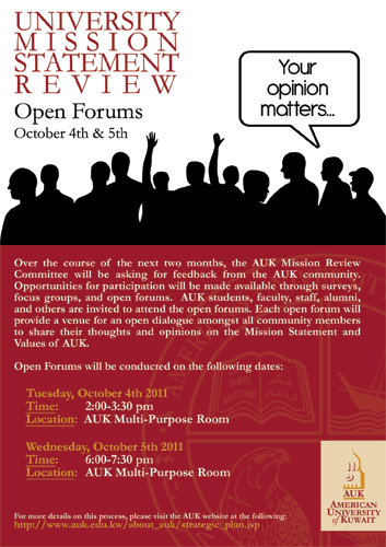 University Conducts Mission Statement Review - Open Forums October 4th & 5th